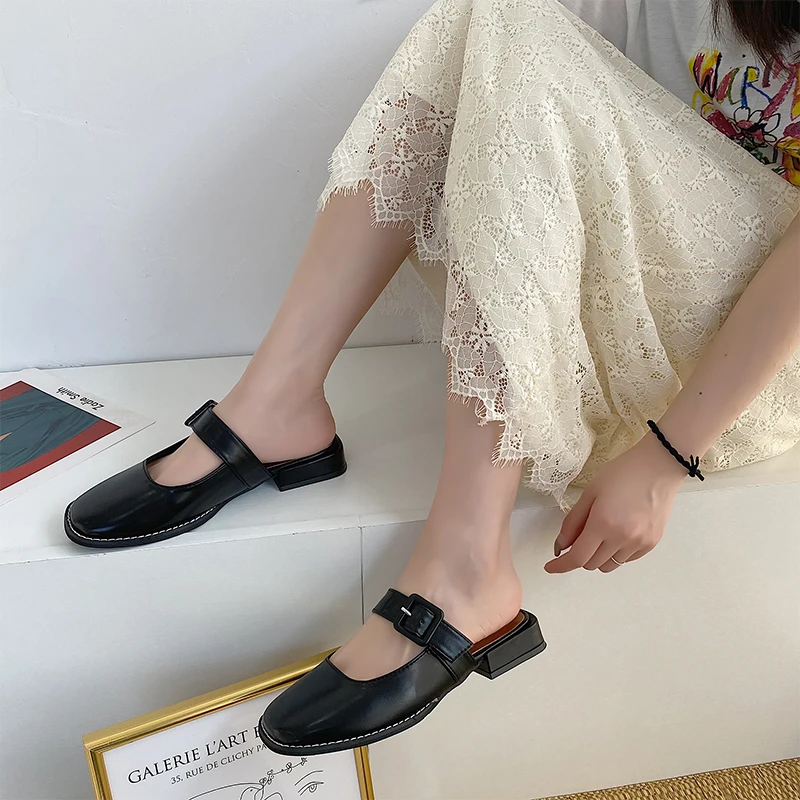 

Slippers Women Summer Female Shoes Slides Low Fashion Cover Toe Loafers 2021 Soft Luxury Rome Square heel PU Rubber Basic