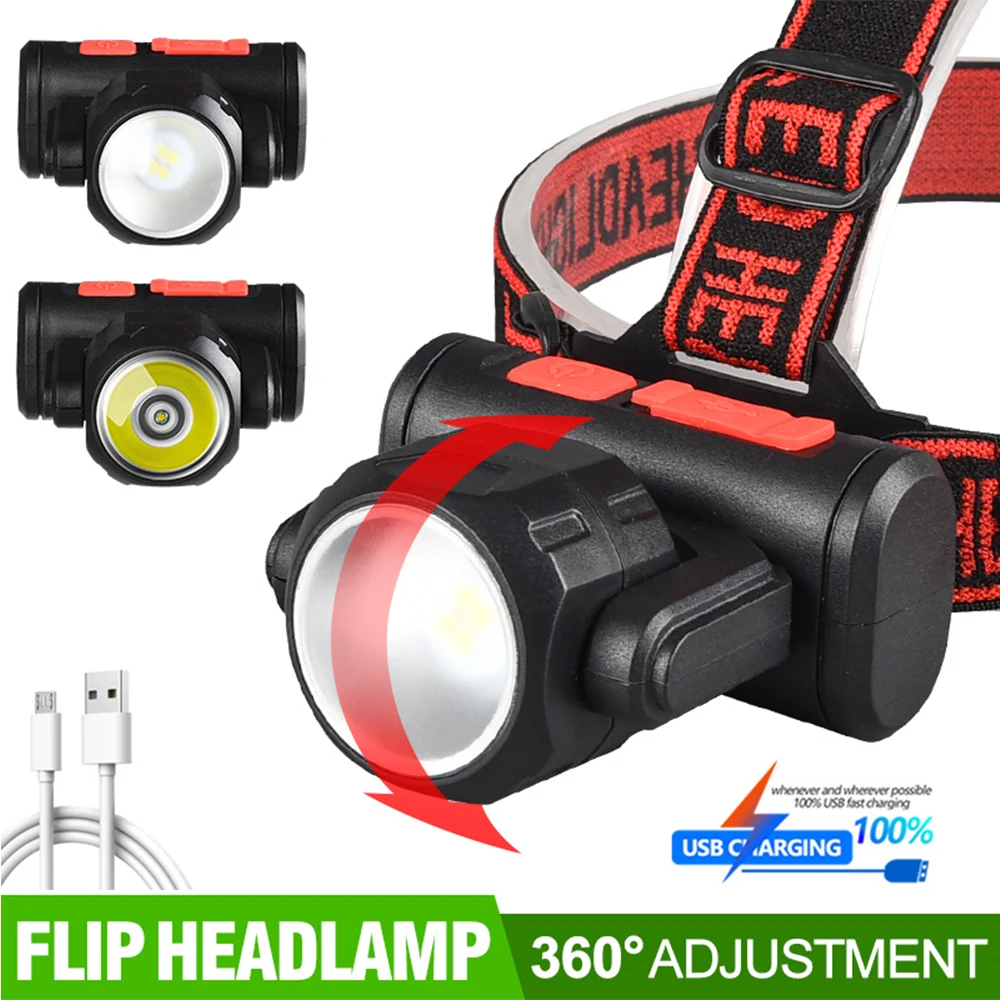

Multifunctional 2 In 1 Spotlight+Floodlight LED Headlamp USB Rechargeable Headlight Double Head 360° Rotatable Head Lamp