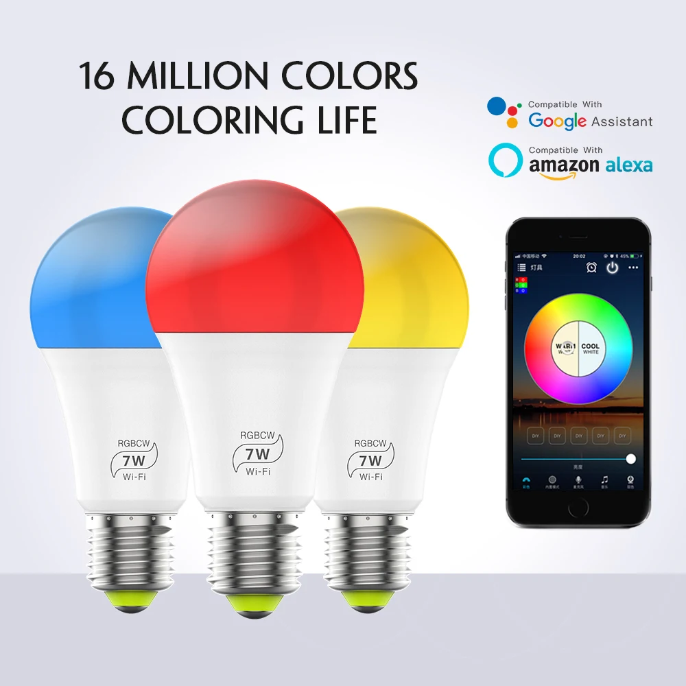 

WIFI Voice Control Smart Led Bulb RGB Cold White Dimmable LED Lamp Magic Home Led Light Bulbs Support Alexa / Google Home 7w