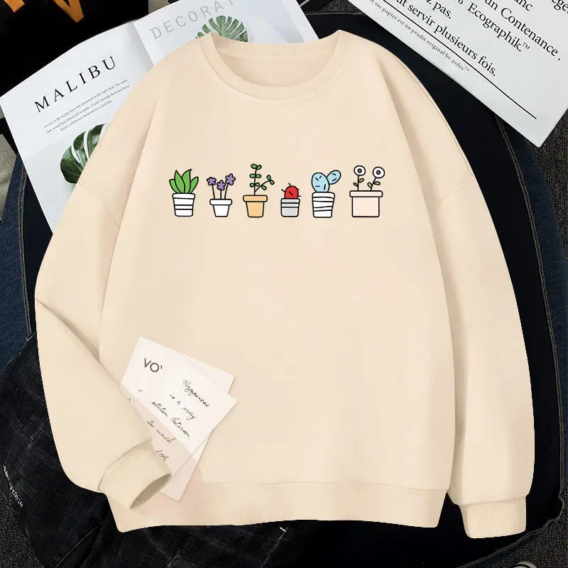 

M-4XL 24 Colors Spring Autumn Harajuku O Neck Women Pullover Sweatshirt Hoodies Cartoon Potted Plants Print Hip Hop Tracksuit