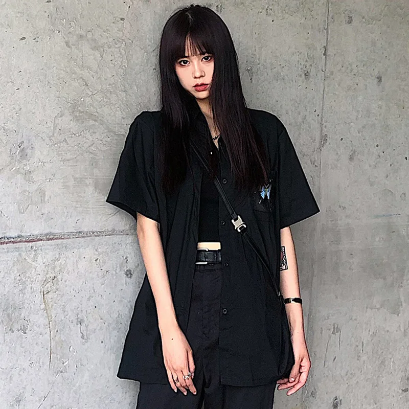 

New Summer Shirt Women Streetwear Shirt Vintage Man Shirt Loose Short Sleeve Blouse Cartoon Butterfly Pattern Shirt Casual Shirt