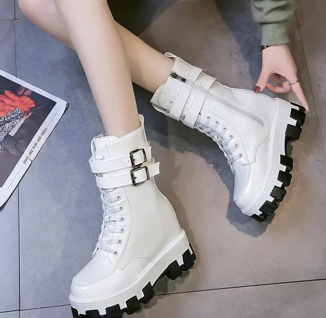 

Winter Women's Mid-Calf Boots 2020 New Patent Leather Shoes Autumn High Heel Motorcycle Boots For Woman Warm Shoes