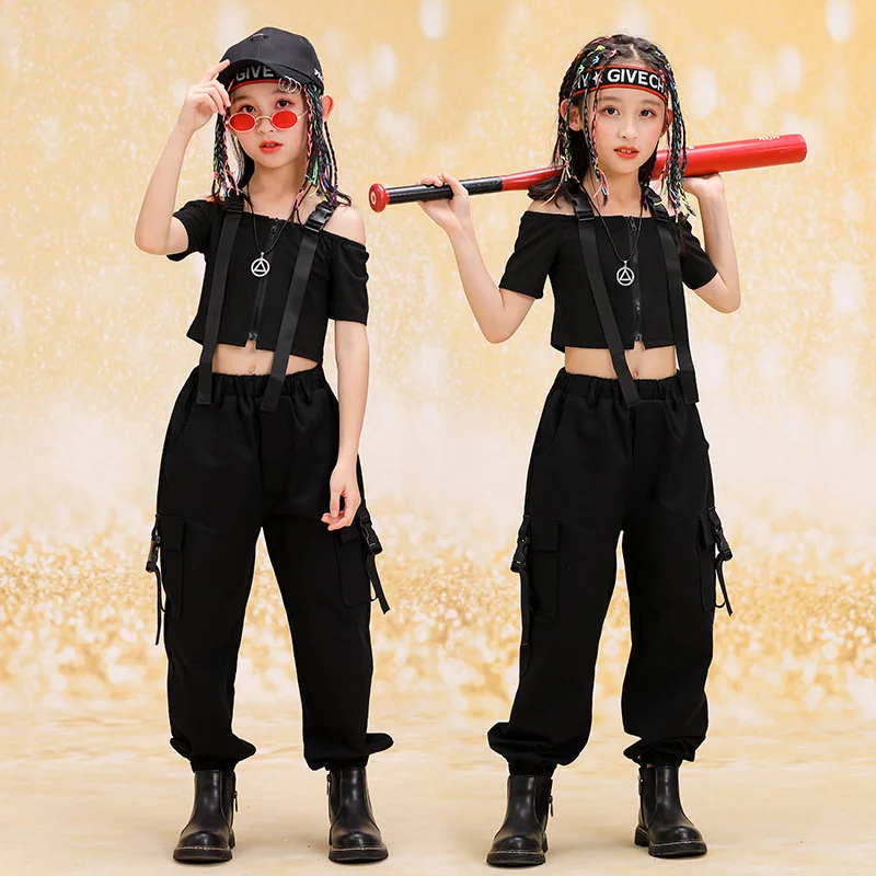 

Kid Cool Kpop Hip Hop Clothing Off Shoulder Crop Top T Shirt Streetwear Tactical Cargo Pants for Girl Jazz Dance Costume Clothes