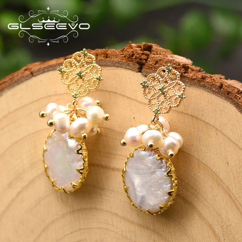 

GLSEEVO Natural Baroque Fresh Water White Pearl Drop Earrings For Women Vintage Fine Dangle Earrings Handmade Jewelry GE0872C