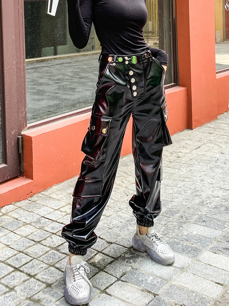 Metal button Glossy patent pu leather pant female Autumn bright leather pants was thin high waist locomotive leather pants F1686