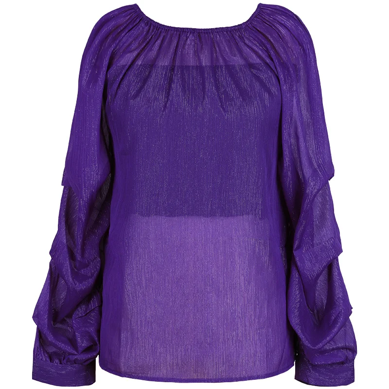 

2021 Autumn Fashion Chiffon Blouse Women Lantern Sleeve Top Female Vintage Purple Loose Sexy Perspective Women Shirt Blusa 11842