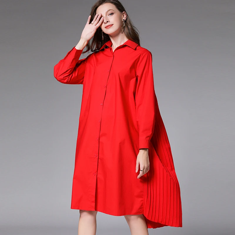 

Shirt Dress Long Sleeve Summe Spring New 2020 Women Oversized Black Red Shirt Dresses Pleated Female Clothing 4xl