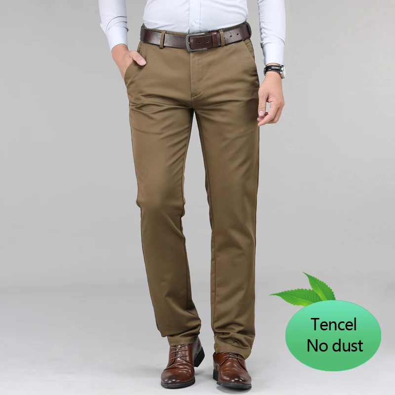 Plus Size 40 42 44 Men's Tencel Casual Pants Not Ash High Quality Fashion Business Straight Elastic Trousers Male Brand Clothes - Цвет: Хаки