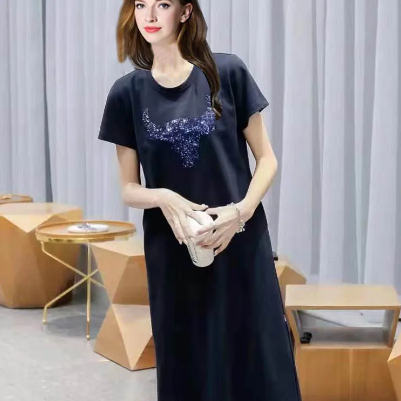

Russian Summer Dress Women Cartoon print short sleeve Mid-Calf shirt dress Female casual o neck sequins cow star stright dresses