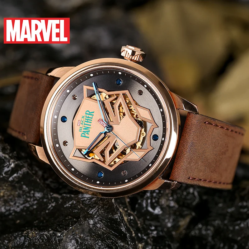 

Marvel Black Panther Automatic 5ATM Waterproof Leather Rubber Band Watches Men Hollow Mechanical Disney Time Hero Watch Reloj