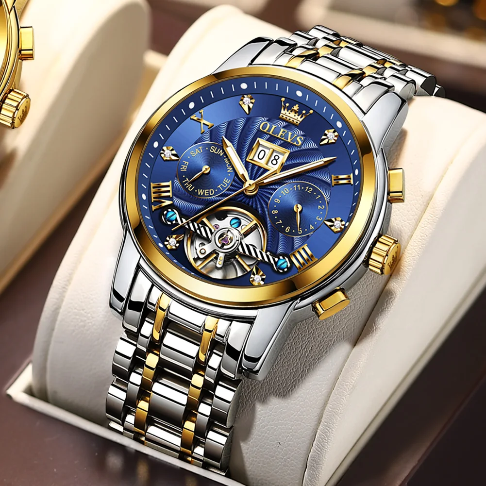 

OLEVS Men Automatic Watch Sapphire Crystal Luxury Mechanical Wristwatch Waterproof Tungsten Steel Watch Men relogio masculino