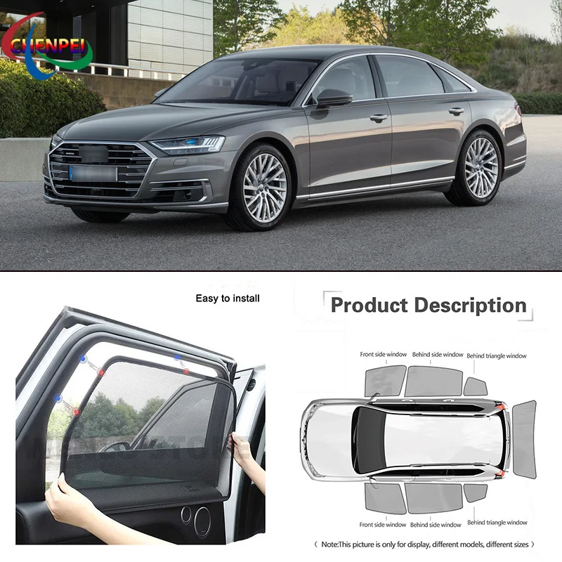 For Audi A8l 2010-2017 Car Full Side Windows Magnetic Sun Shade UV Protection Ray Blocking Mesh Visor Car Decoration Accessories