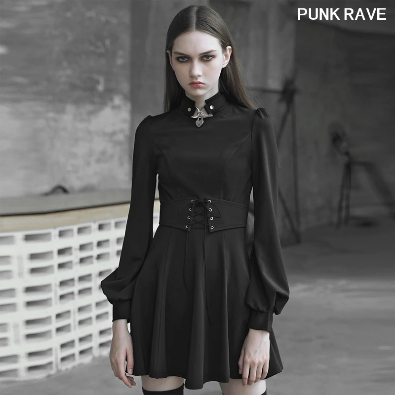 

Gothic Bubble Sleeves Sun Pendulum slim Women Dress Retro Palace Tie-up Rope Eyelet Metal Decorative Dress PUNK RAVE OPQ-466LQF