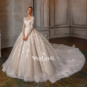 Luxury Wedding Dress Scoop Ball Gown Lace Elegant Applique Long Sleeve 0-neck Bride Dress Cathedral Train Bridal Gown Plus Size
