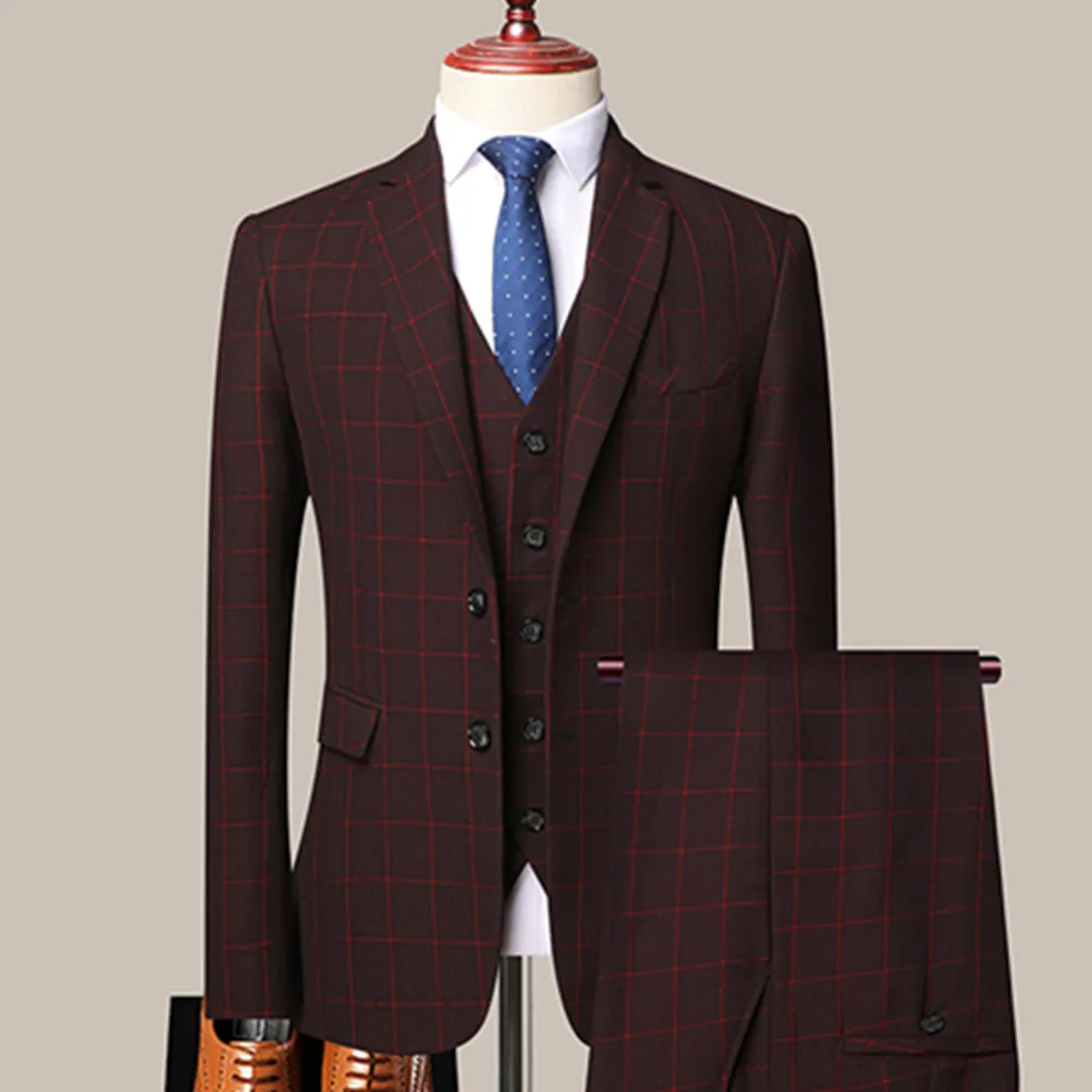 

3 Pcs Set Blazers Pants Vest / Nice Pop Men's Business Professional Classic Vogue Banquet Plaid Suits Coat Waistcoat M-4XL