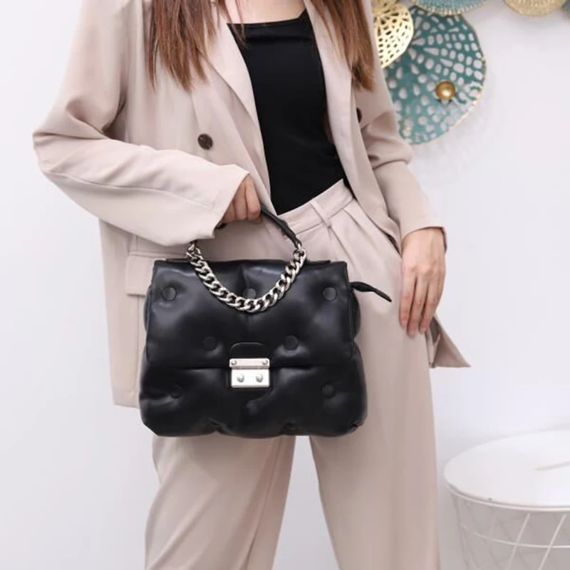 

Women's Shoulder Bag 2020 New Autumn and Winter Space Cotton Bag Down Portable Chains Messenger Bag Quality PU Leather Handbags