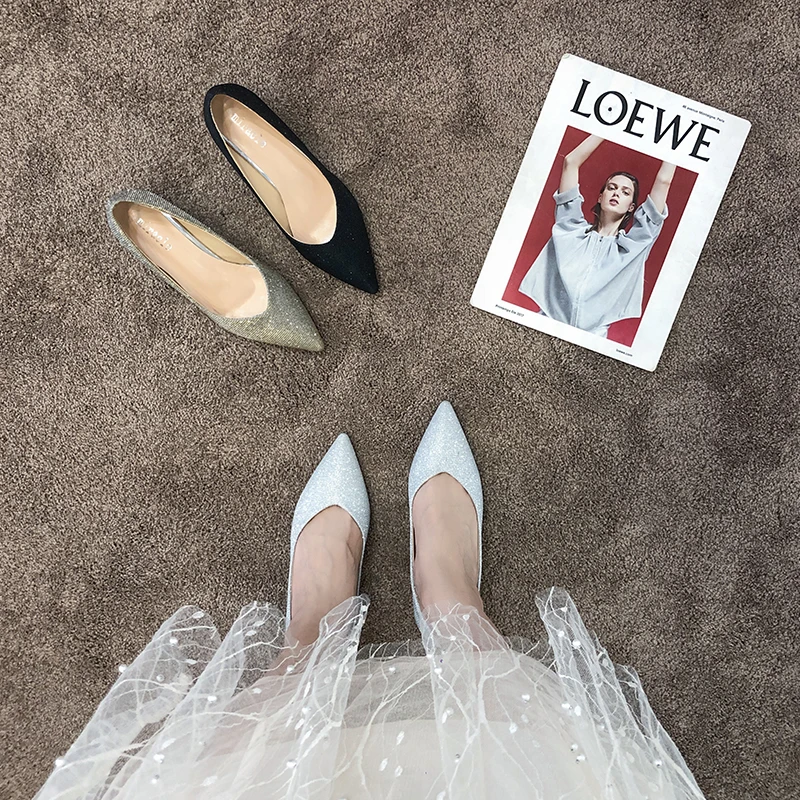 Новинка 2020 женские туфли на высоком каблуке с острым носком грубом черные