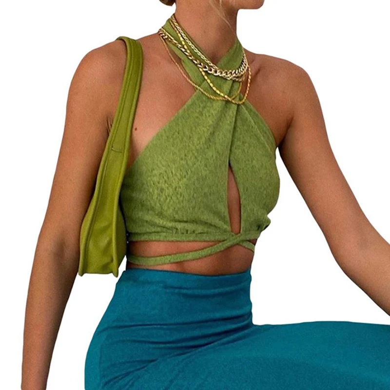 

2021 Summer Solid Sexy Hollow Out Tank Top Women Fashion Slim Halter Sleeveless Lace Up Clothing Green Lady Casual Crop Top