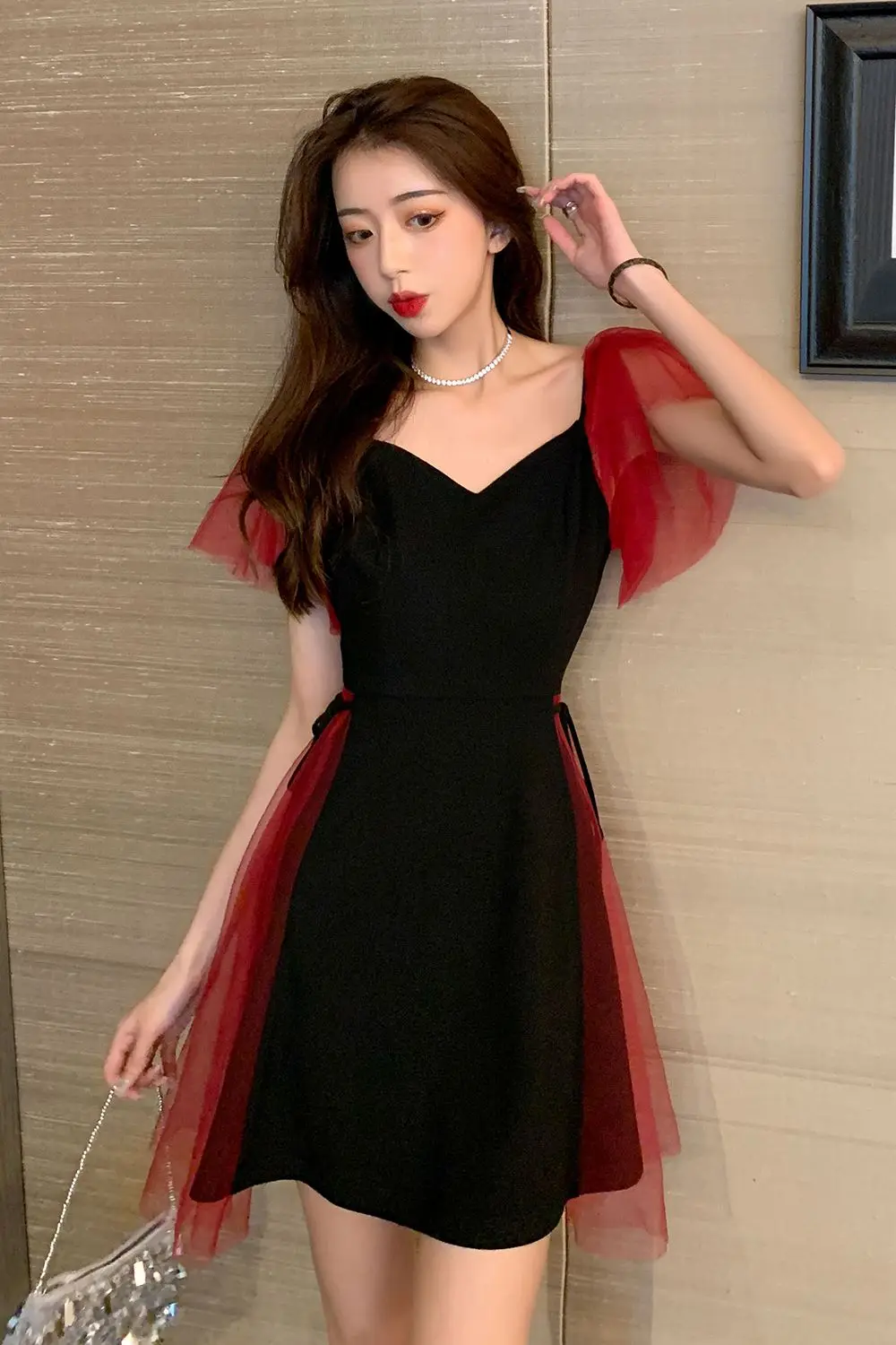 

COIGARSAM Patchwork Women dress New Panelled High Waist V-Neck Dresses Black 3176
