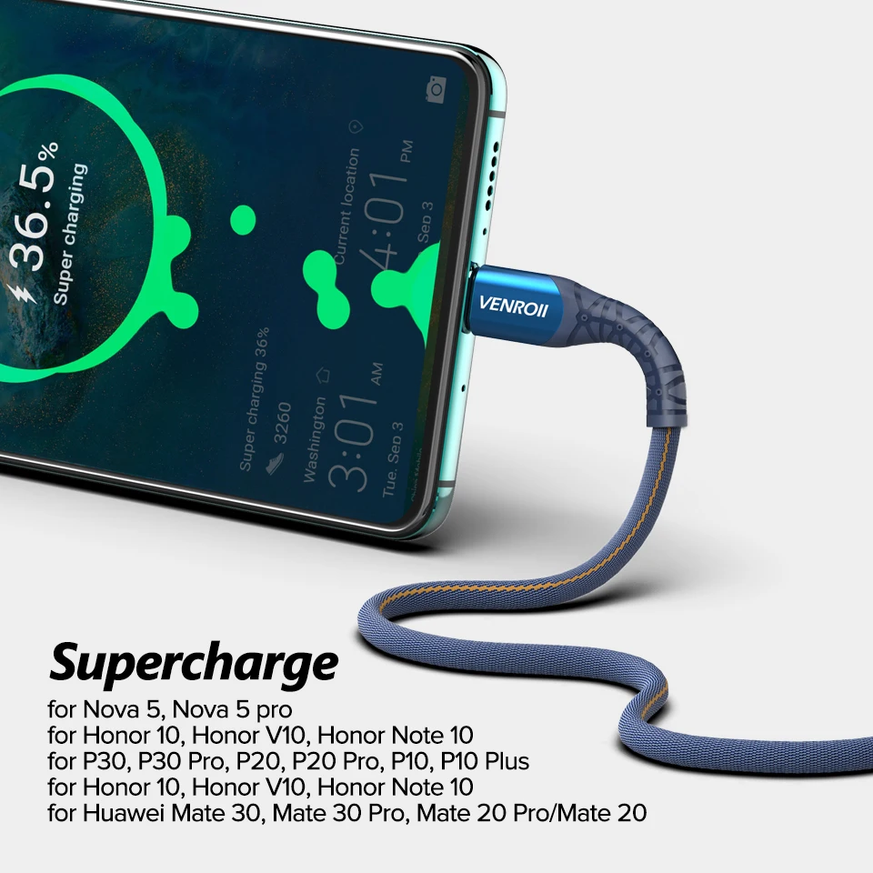 Venroii 5A Supercharge usb type C кабель для huawei mate 30 20 10 Pro Быстрая зарядка USBC Kable телефонный шнур