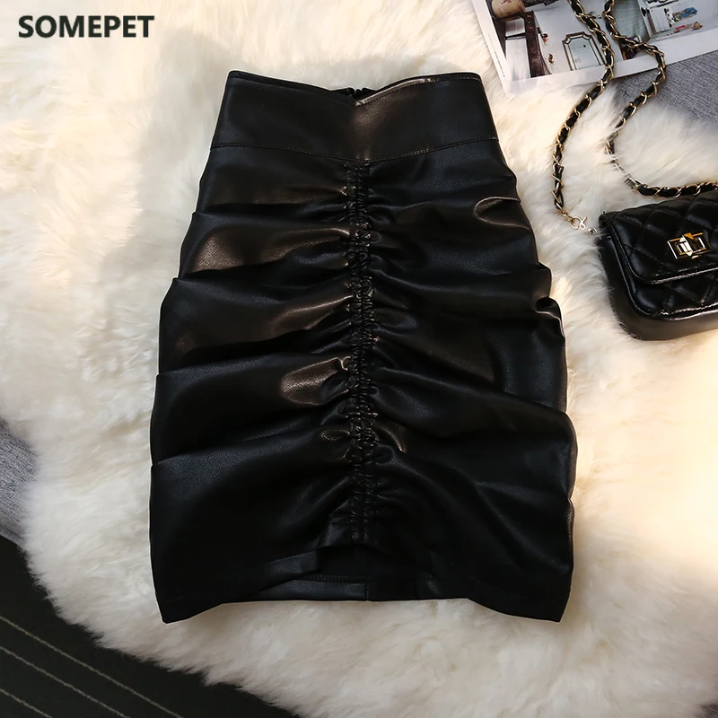 Женская мини-юбка из ПУ кожи с завышенной талией | одежда