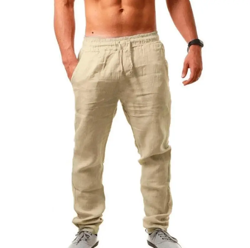 Брюки мужские льняные с эластичным поясом модные повседневные штаны уличная