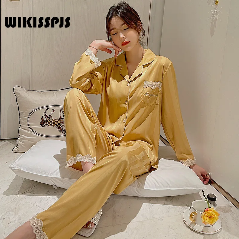 

Новинка, пижама WIKISSPJS, Женский весенне-осенний кружевной костюм с длинным рукавом, простой кардиган с лацканами, домашняя одежда, одежда для сна, одежда для отдыха