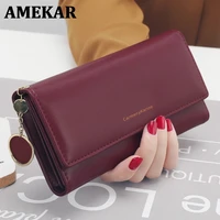 new fashion women wallets brand letter long tri fold wallet purse fresh leather female clutch card holder cartera mujer