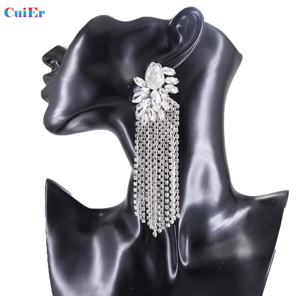 

CUIER 11.5cm Long Rhinestones Tassel Drop Earring for women Wedding Jewelry Accessories Girls Big Hanging Earrings Crystsl