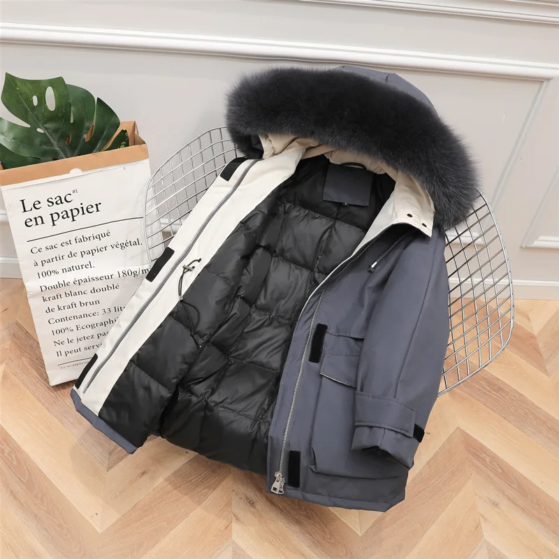 LUZUZI большая женская куртка с капюшоном из натурального Лисьего меха 90% на белом