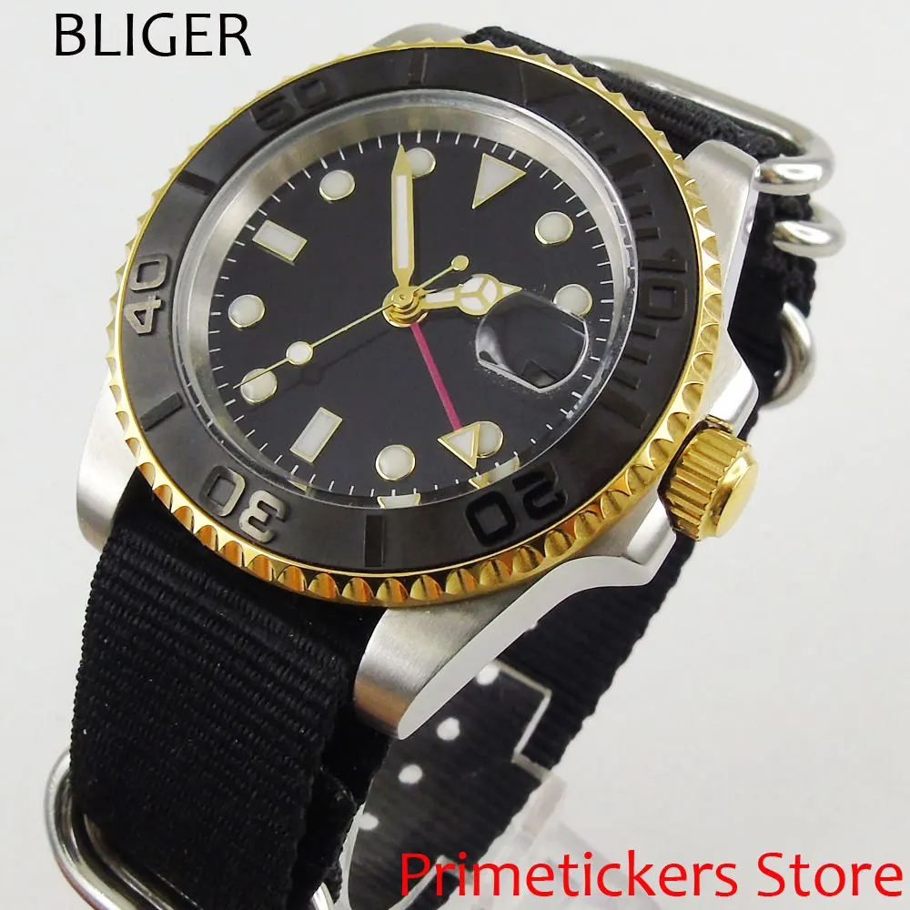 40 мм bliger черный стерильный циферблат Дата сапфировое glass GMT автоматическое
