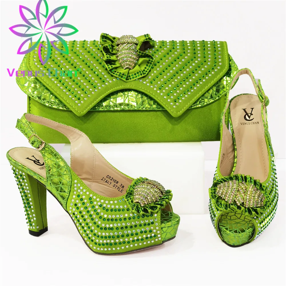 

Design Phoenix Shape Metal Decoration Style Party 2021 New Arriva Italian Women Shoes and Bag Set With Platform in Green Color