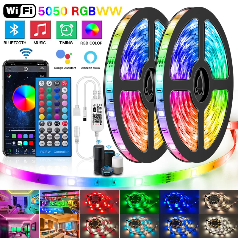 Wi Fi RGBWW светодиодные полосы светильник s 5050 2835 Bluetooth светодиодный RGB теплый белый