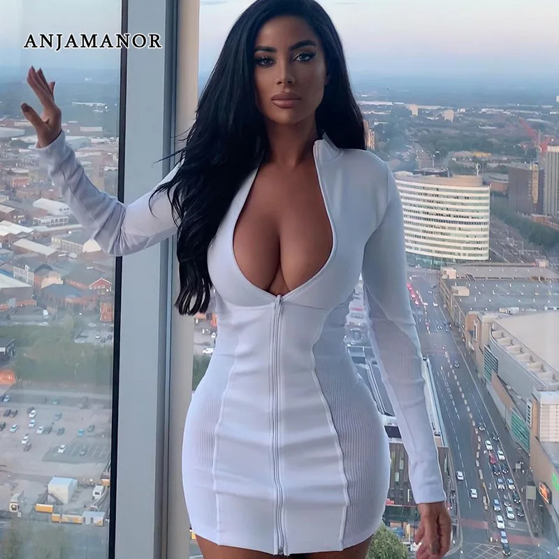 

Женское облегающее мини-платье на молнии с длинным рукавом