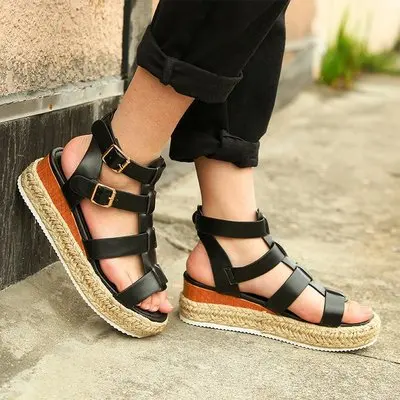 

New Fashion Ladies Roman Sandals Summer Slope Heel Trend Buckle Sandals Women Shoes Zapatos de Mujer Big Size 35-43 Women Shoes