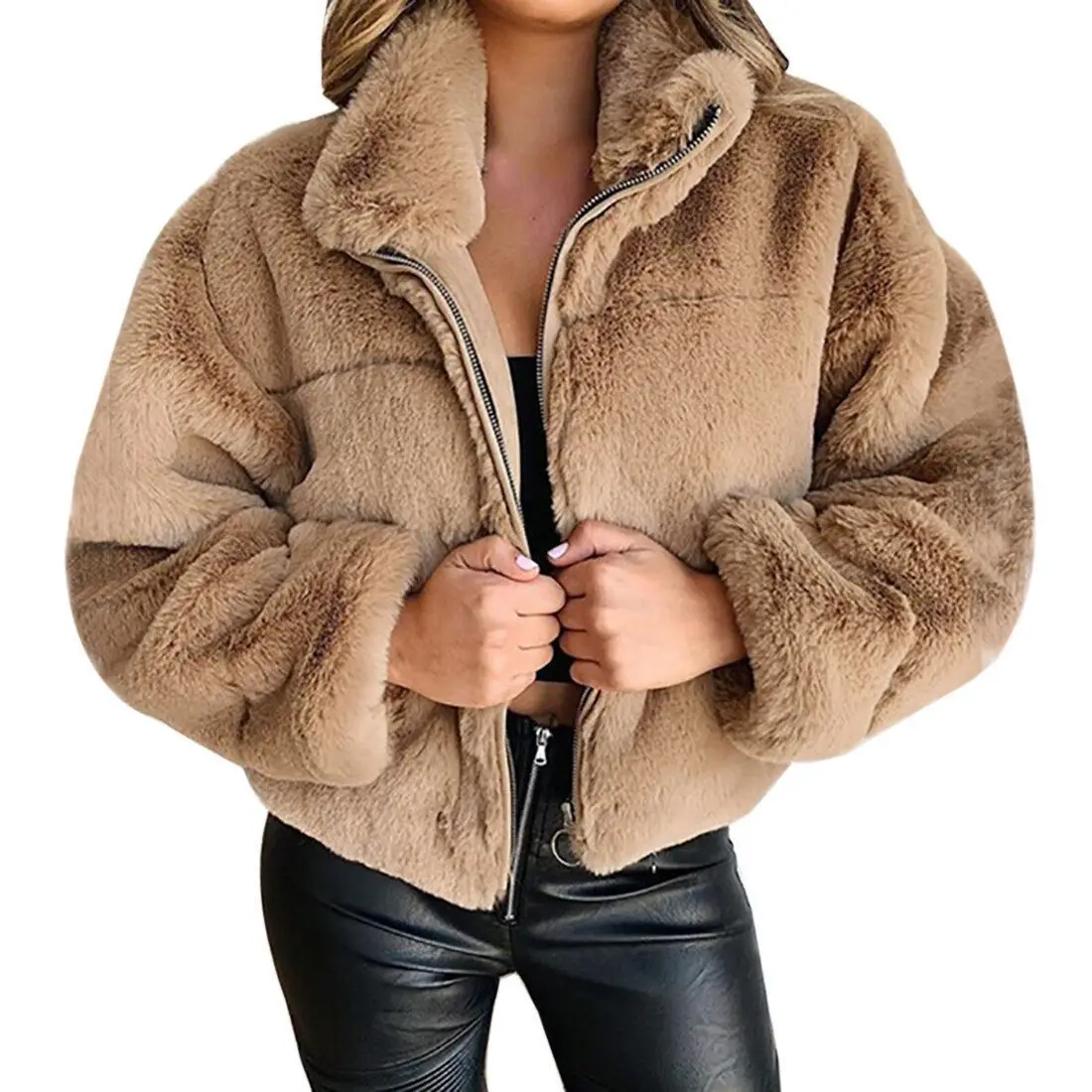 Plush Jacket Women Winter Short 2021 Women Faux Fur Zipper Cardigan Warm Jacket 7 Color Casual Solid Color Outerwear Female