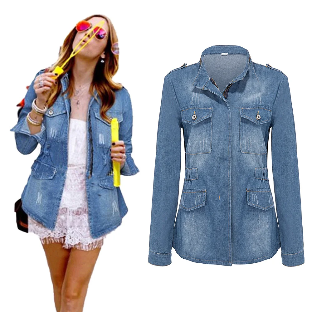 Женская джинсовая куртка Новая Винтажная облегающая однотонная на молнии с