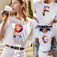 2022 summer t shirt women fashion short sleeve 26 english paint letter printed o neck casual loose commuter white t shirts tops