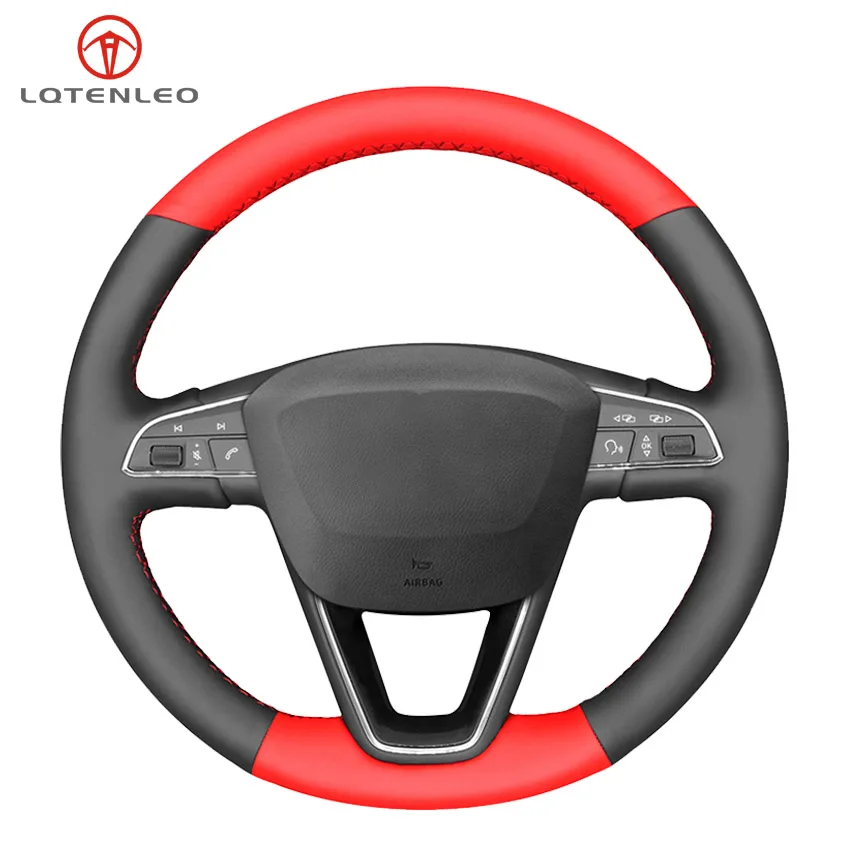 

LQTENLEO Black Red Leather Car Steering Wheel Cover For Seat Leon 5F Mk3 2013-2019 Ibiza 6J Arona Ateca Alhambra 2016-2019