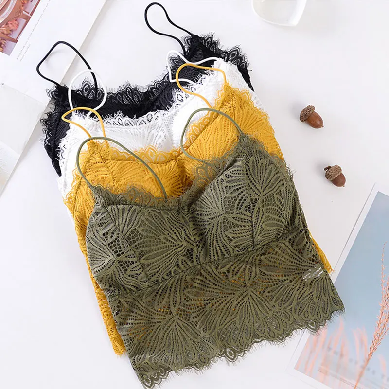 

Fashion Wireless Bra Padded Bralette Solid Color Skin-friendly Deep V Lace Bras Summer Crop Top Women Embroidery Floral Top
