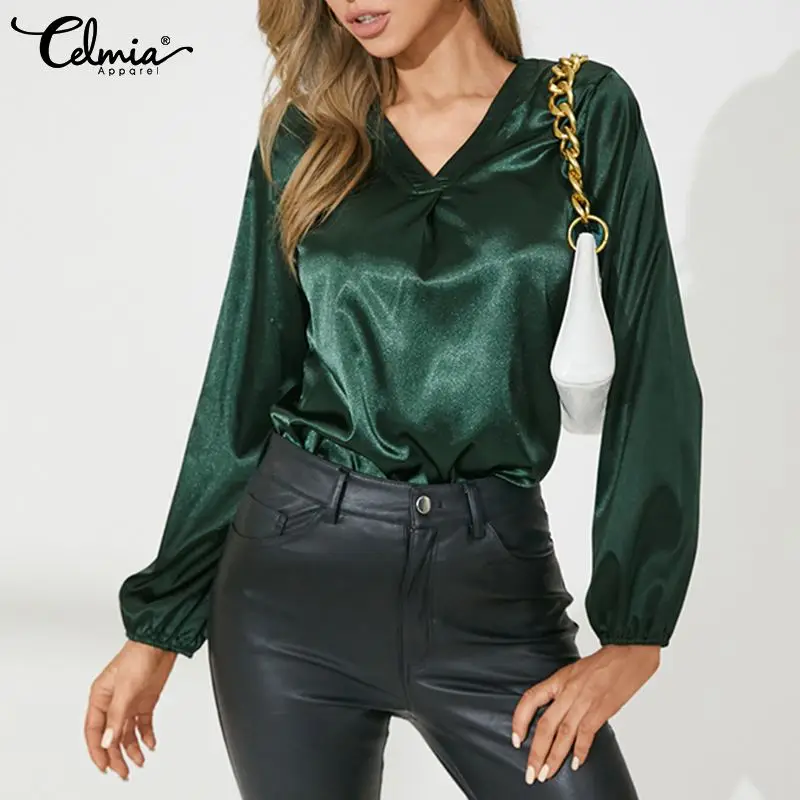 

Casual Long Sleeve Solid Blusas Fashion Women Satin Blouses Celmia 2022 Autumn Sexy Female V-Neck Shirt Elegant Office Slik Tops