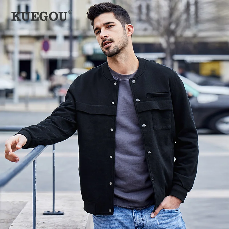 KUEGOU Осенняя хлопковая бейсбольная форма с пуговицами для мужчин Тонкий Топ