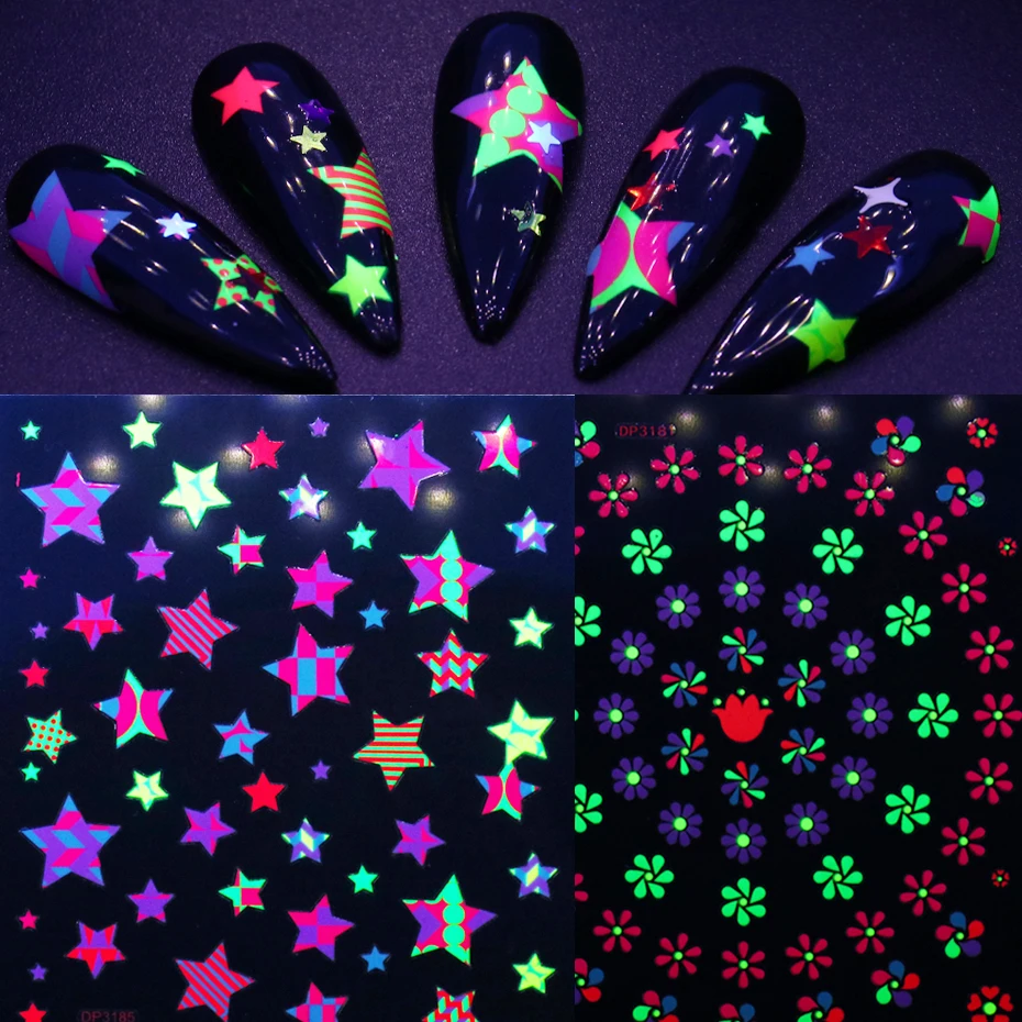 

Luminous Nail Sticker Decal Flower Star Moon 3D Adhesive Summer Slider Glow In Dark Nail Art Decoration Manicure TRDP3181-DP3192
