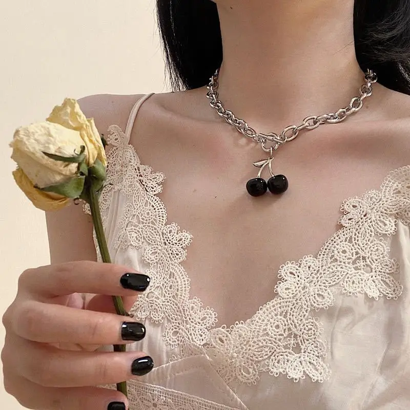

2021 NEW Trend Cherry Clavicle Chain Necklace for Women Korea Black Earring Necklace Set Charms Silver Color Jewelry Accessories