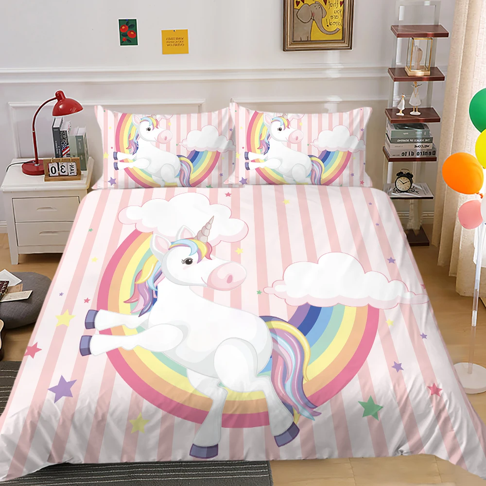 

Cartoon Bedding Set Queen Size Duvet Cover Set Unicorn Theme Bedclothes Girls Soft Breathable Bedroom Decoration