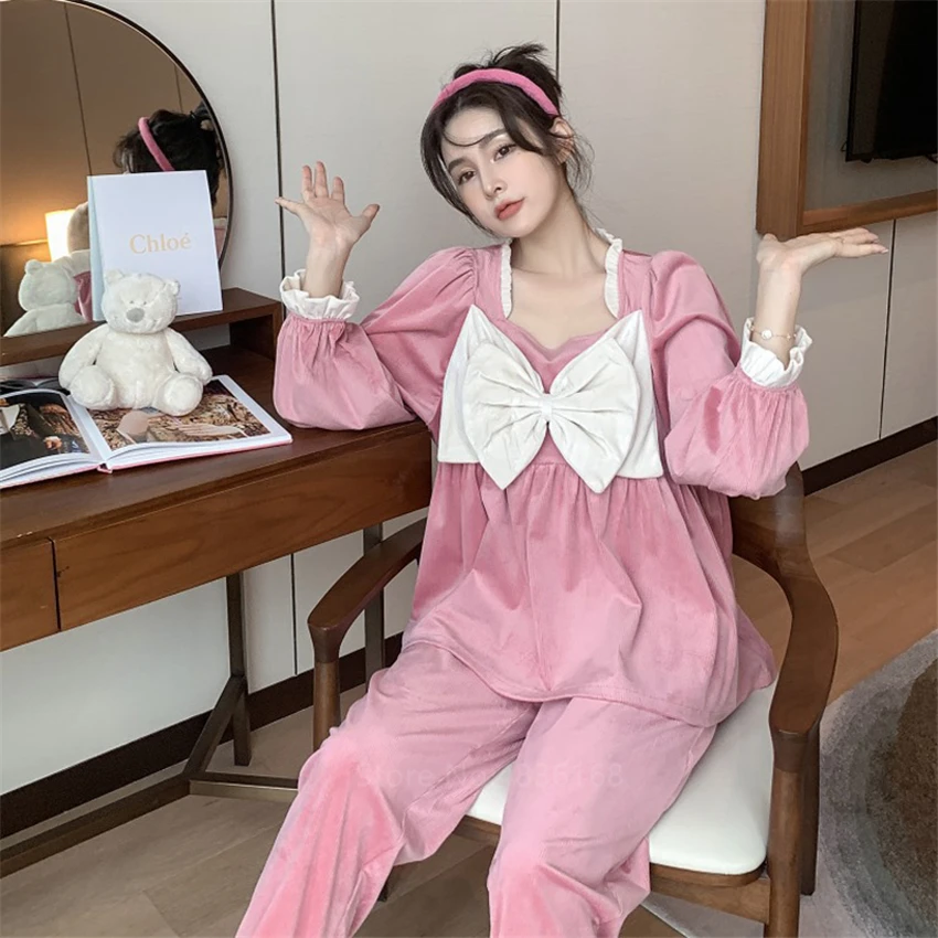 Пижама женская осенне зимняя пикантная кружевная с бантом в Корейском стиле