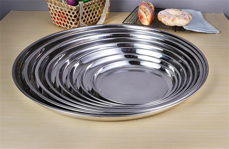 Толстая тарелка из нержавеющей стали круглая большая с плоским дном неглубокая