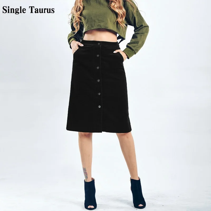 Модные вельветовые черные женские юбки с одним карманом на пуговицах высокой