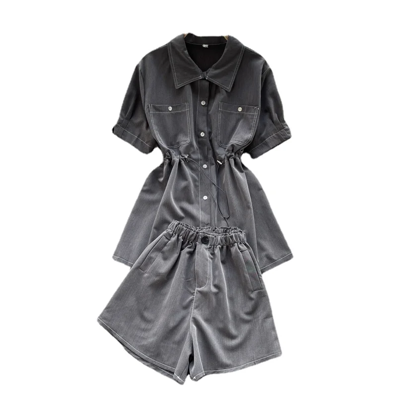 

Retro Tooling Style Suit Women Summer New Short-sleeved Shirt All-match High-waist Wide-leg Pants Two-piece DK1106