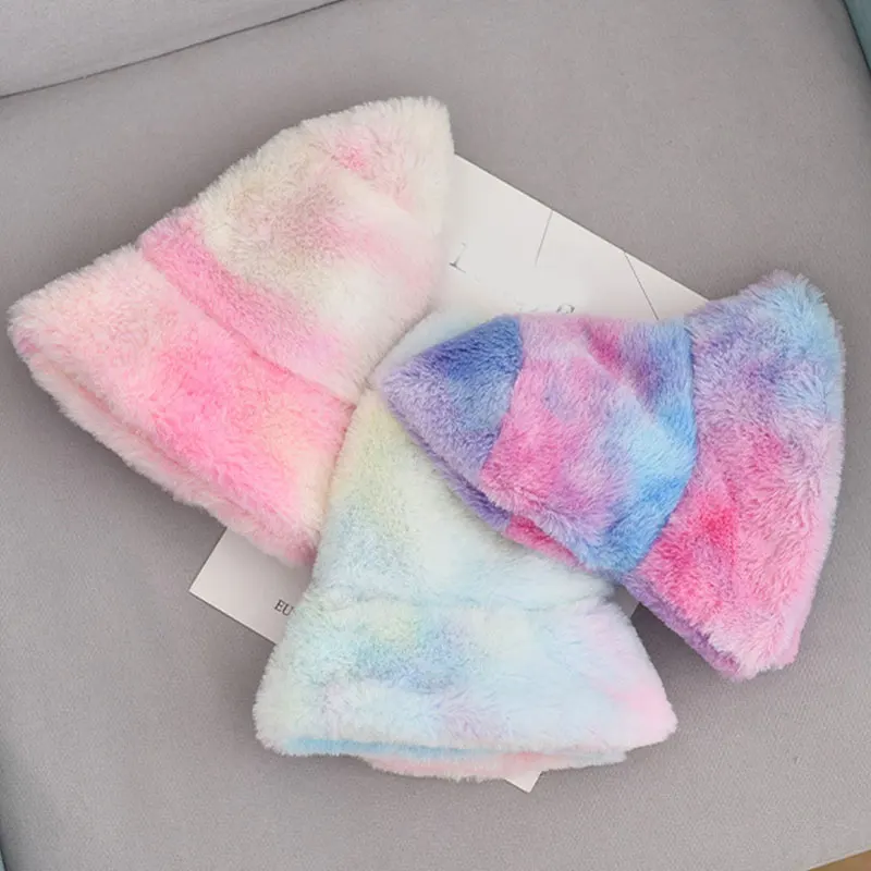 

Women Outdoor cap Tie Dye Panama Hat Bucket Hat for gift Artificial Fur Fisherman Hat Round Hats Bucket Cap Warm Winter cap